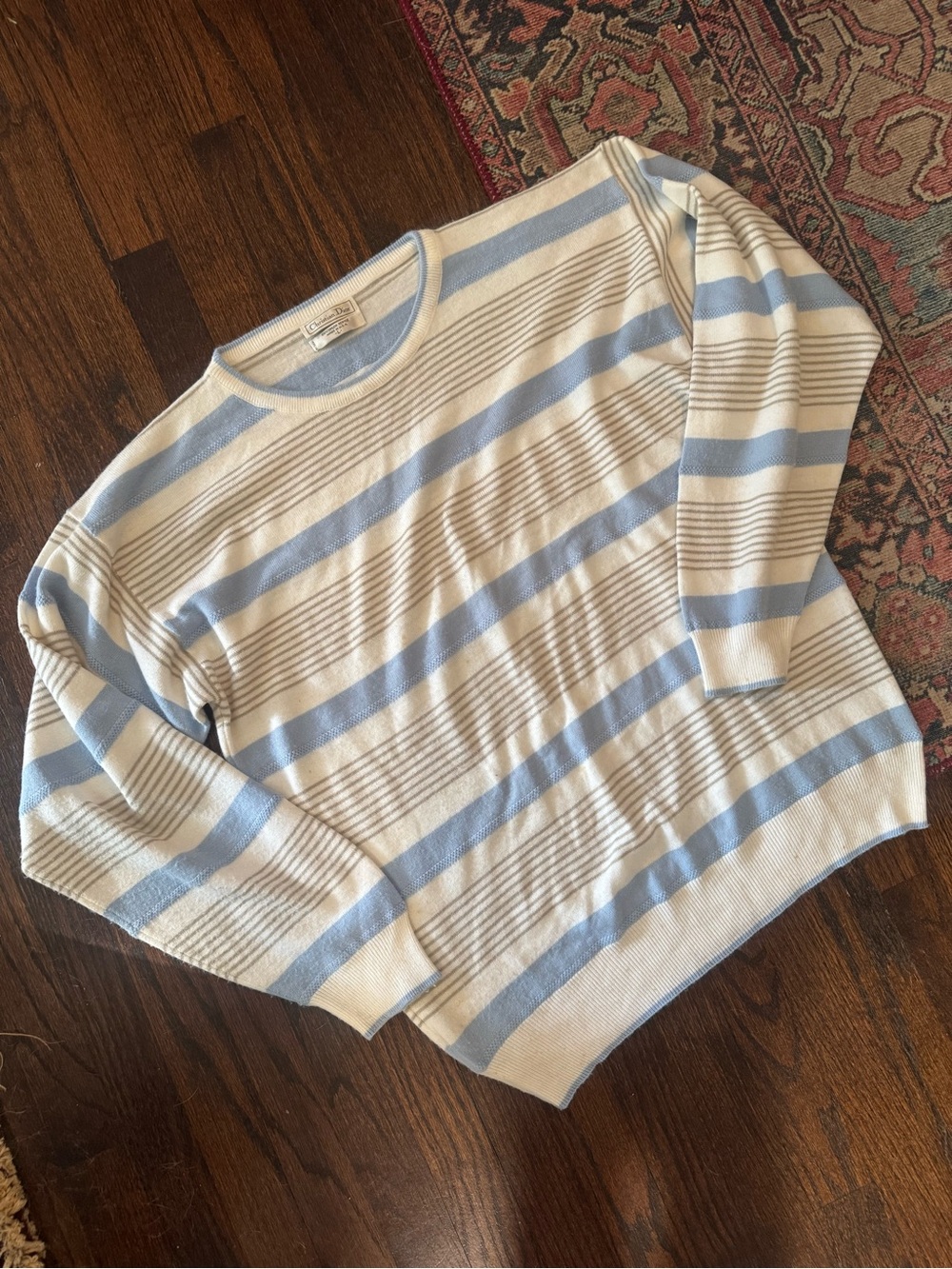 Vintage Christian Dior Striped Crewneck Sweater in Light Blue and Cream